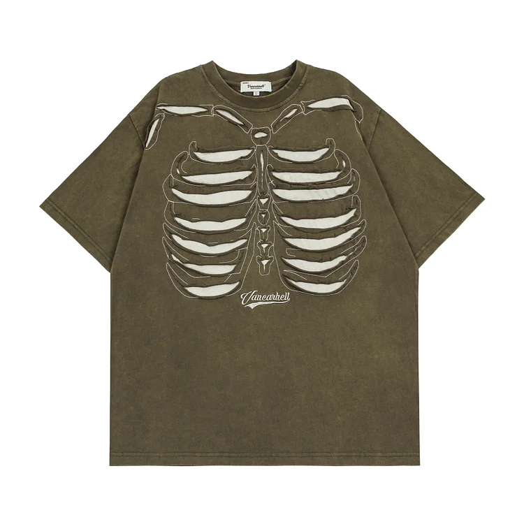 High Street Retro Patch Ripped Skeleton Short Sleeve T-Shirt at Hiphopee