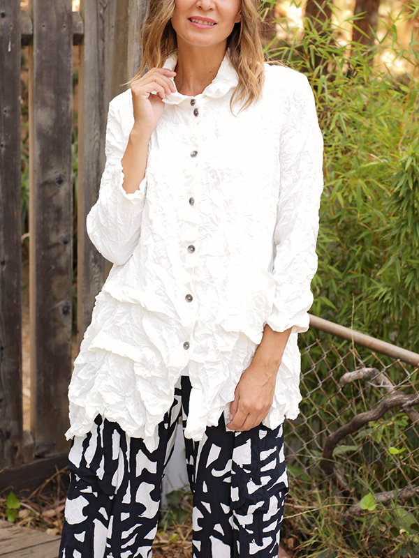 Loose Long Sleeve Front Pocket Crinkled Embossed Fabric Blouses