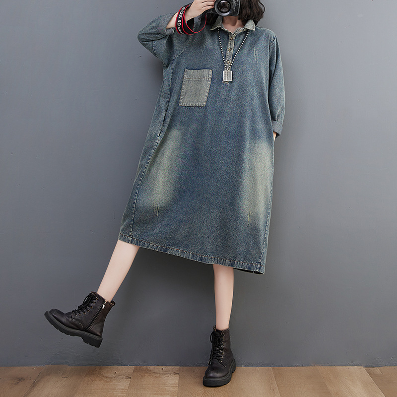 Vintage Color Block Long Sleeve Denim Midi Dress