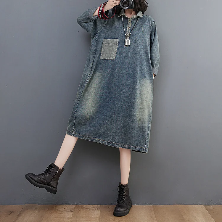 Vintage Color Block Long Sleeve Denim Midi Dress