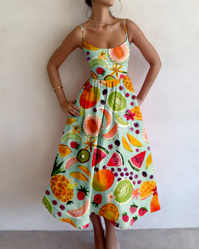 Rotimia Resort style tropical fruit print slip dress