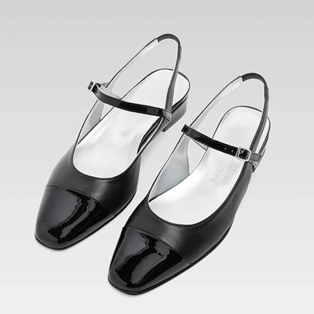 Black Square Toe Buckle Mary Jane Slingback Flat Shoes for Women