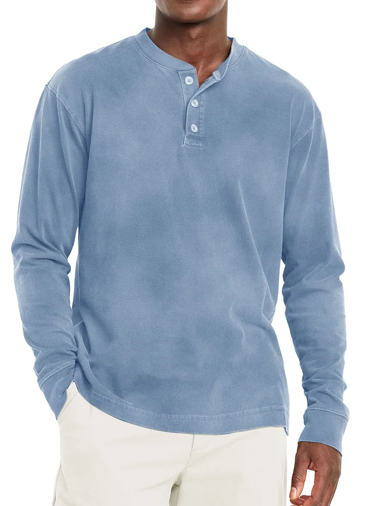 Men's Fashion Casual Distressed Long Sleeve Button-down Henley Shirt 