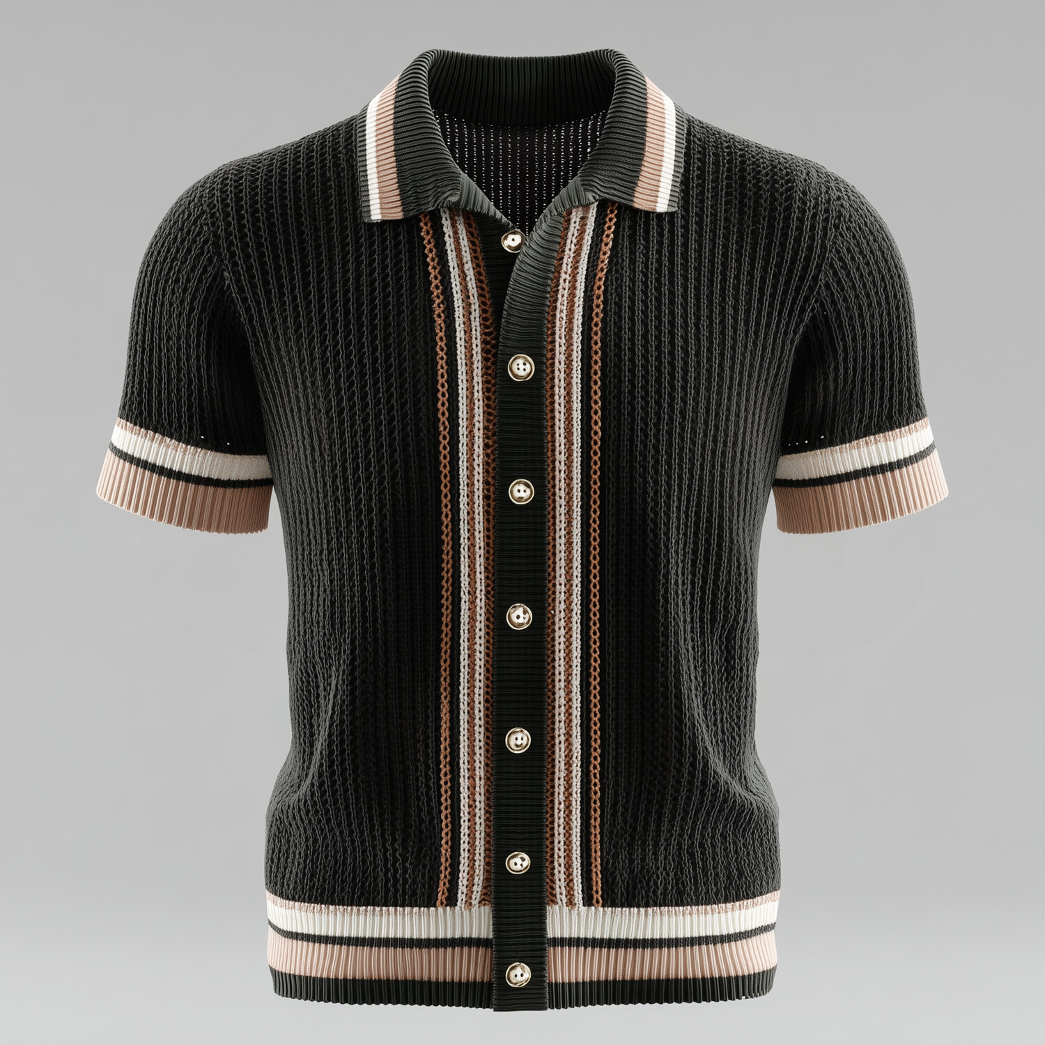 Men's Contrast Striped Knit Turndown Collar Short Sleeve Shirt