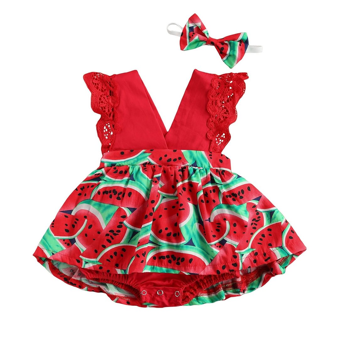 Baby Watermelon Print Clothes Set, Girls Sleeveless Deep V-neck Short Jumpsuit + Bow-knot Headband