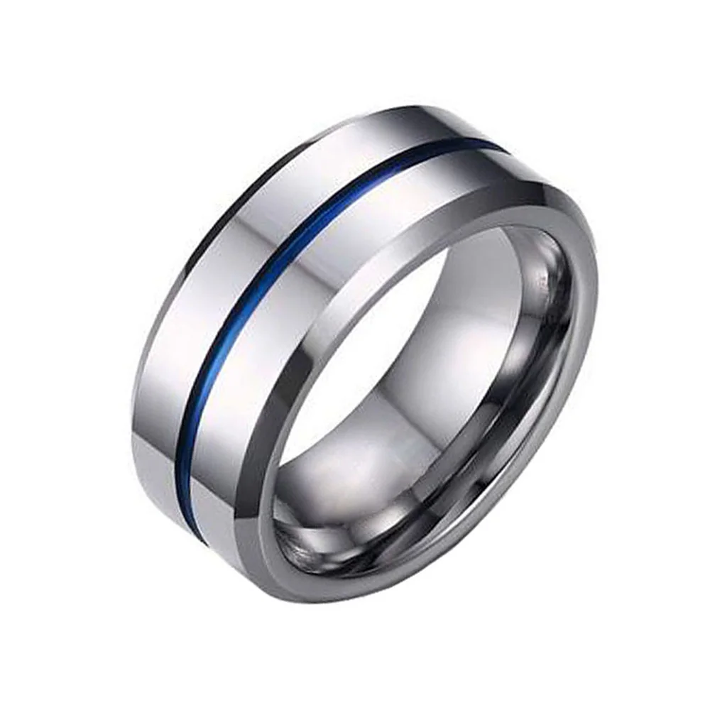 6MM 8MM Mens Silver Polish Finish Tungsten Carbide Blue Thin Groove Wedding Bands