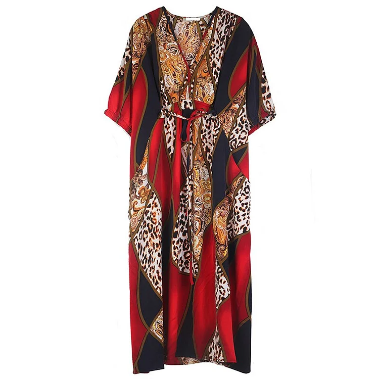 Elegant Loose V-Neck Multi Patterns Splicing Printed Pockets Half Sleeve Dress 