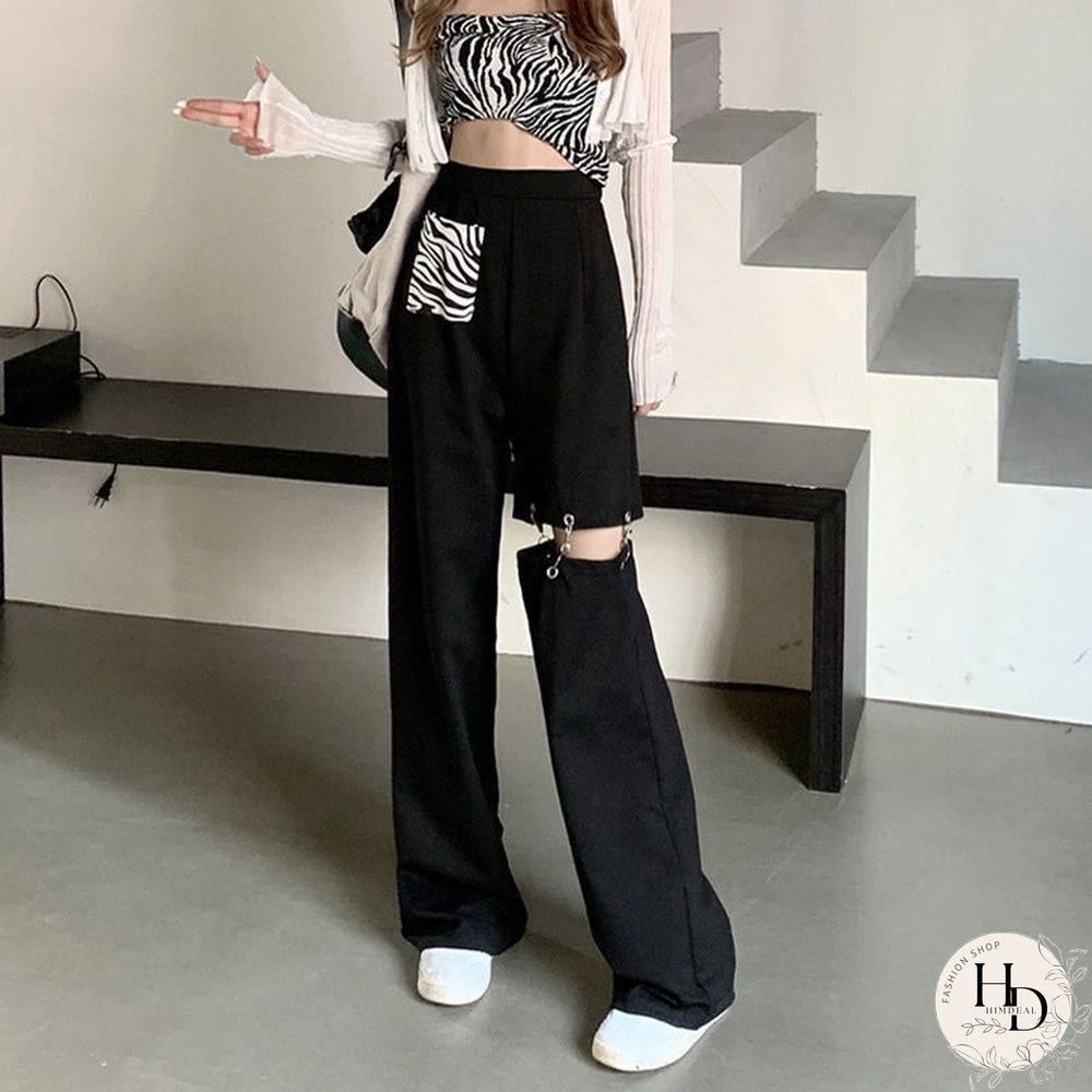 Fashion Harajuku Hollow Out Wide Leg Pants Women High Waist Elastic Streetwear Straight Trousers Summer Hip Hop BF Goth Pants