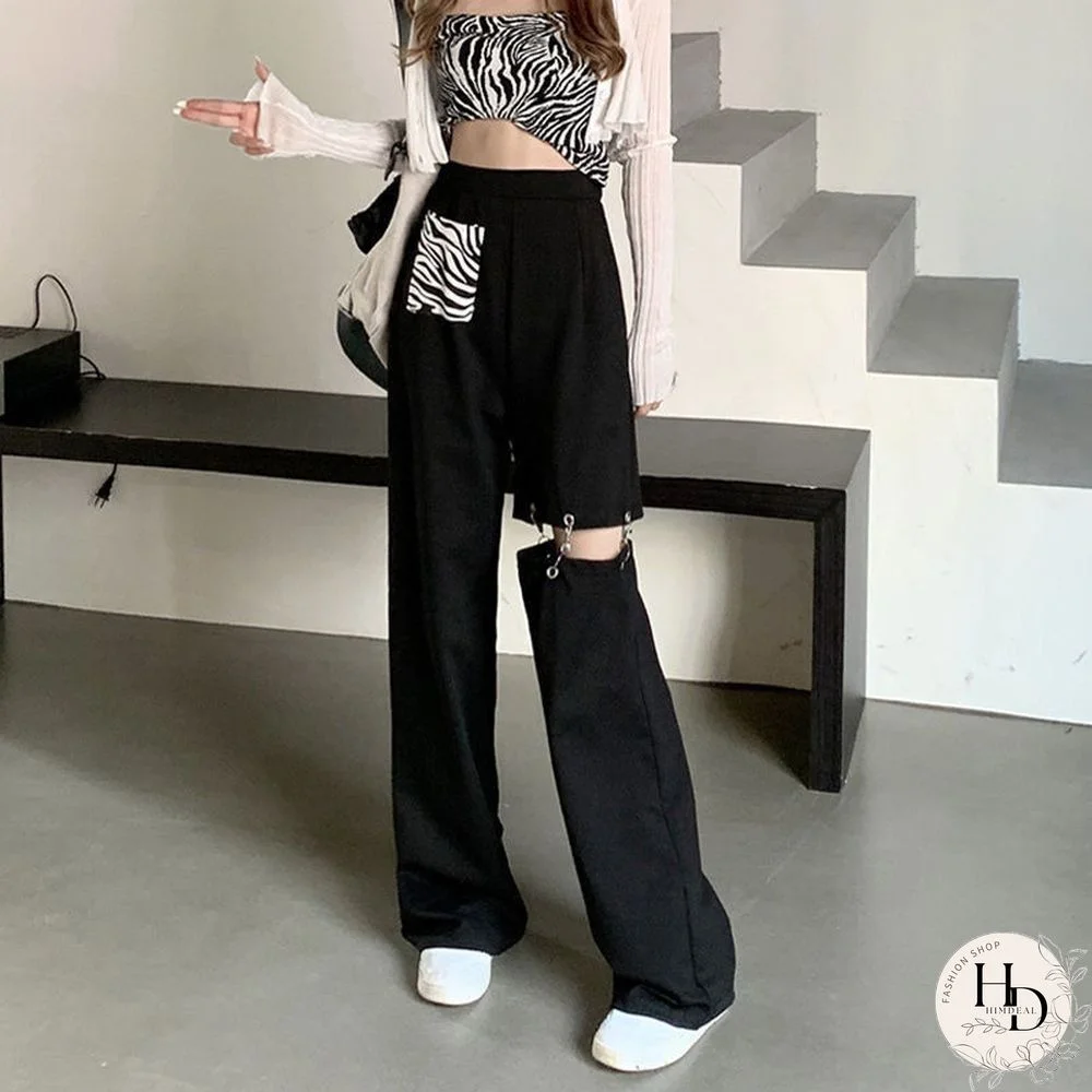 Fashion Harajuku Hollow Out Wide Leg Pants Women High Waist Elastic Streetwear Straight Trousers Summer Hip Hop BF Goth Pants