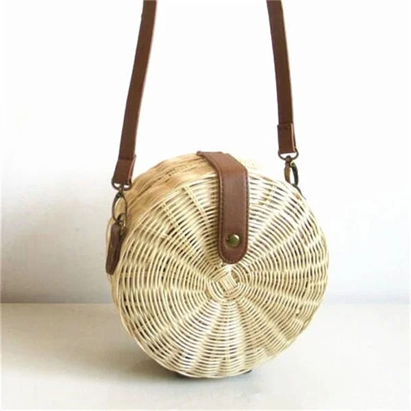 Handmade Woven Rattan Bag Knitting Straw Women Beach Circle Clutch Travel Small Handbags Summer Sling Shoulder Bags Bohemian