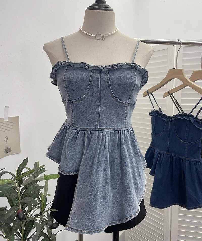Uveng Real Shoot Hottie Vintage Cowboy Sling Vest Irregular Wood Ear Short-Term Waist Sleeveless Top 2608