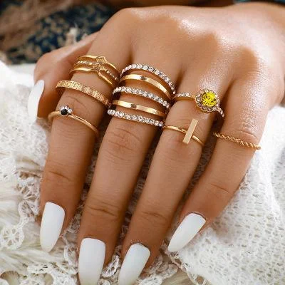 Women plus size clothing 7 Piece Set Korea Style Yellow Gem Inline Diamond Ring Wholesale Cheap Jewelry-Nordswear