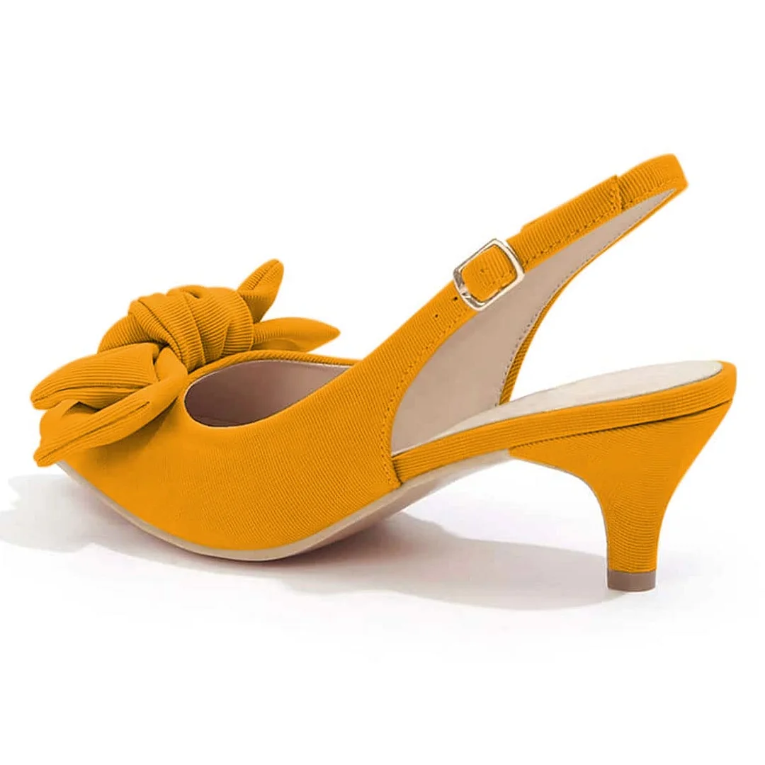 YDN Elegant Yellow Pointed Toe Kitten Heel Bow Slingback Pumps