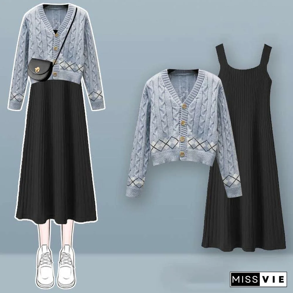 Rhombus Print Cardigan Sweater Slip Dress Two Pieces