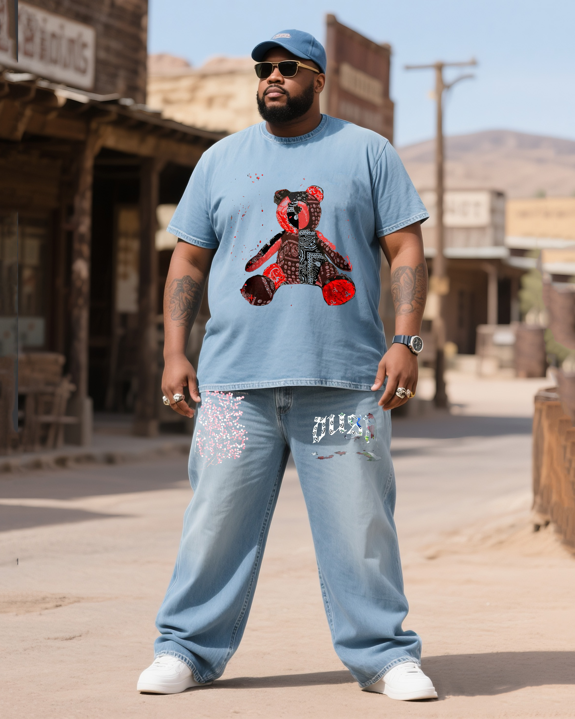 Big & Tall Men's Fashion Turban Bear Print Denim T-Shirt Pants Suit