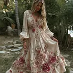 Women's Vintage Pink Roses Embroidery Art V-neck Long Sleeves Maxi Dress - Image 2