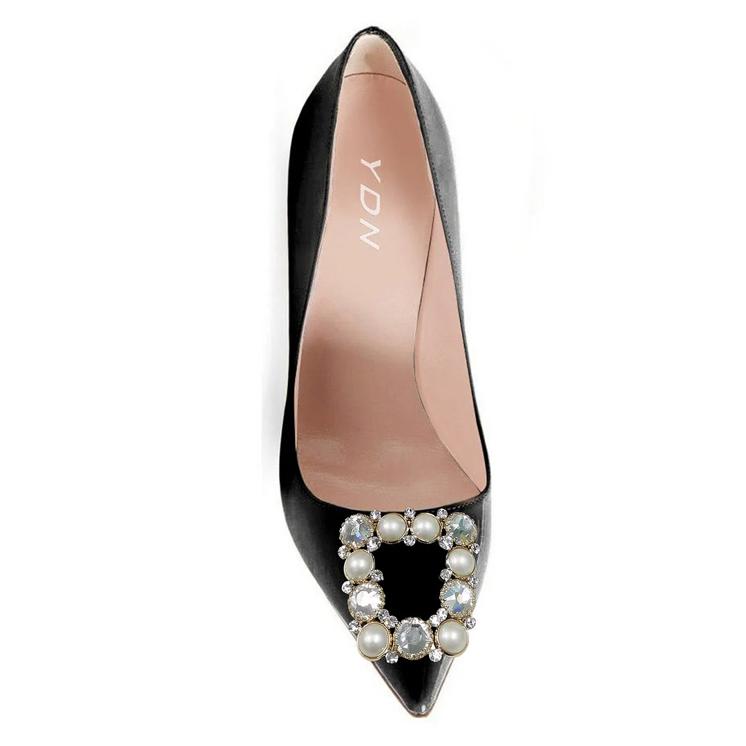 Black Pointed Toe Pearl and Rhinestone Elegant Stiletto Heels