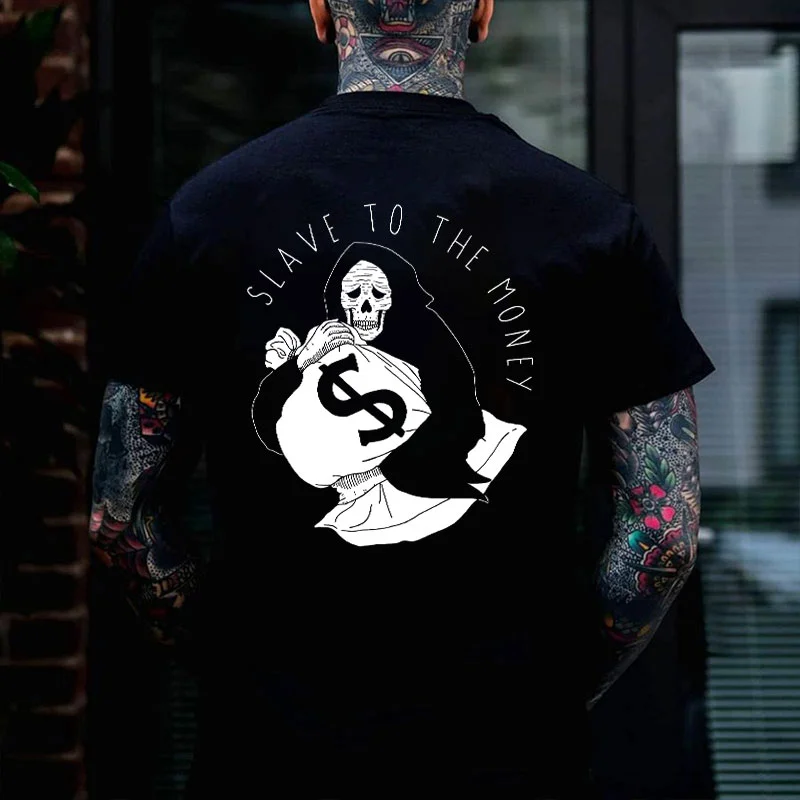 SLAVE TO THE MONEY Skull Carrying the Fortune Black Print T-Shirt