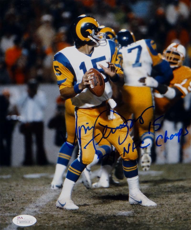 Vince Ferragamo Signed Los Angeles Rams 8x10 Looking To Pass Photo Poster painting- JSA W Auth