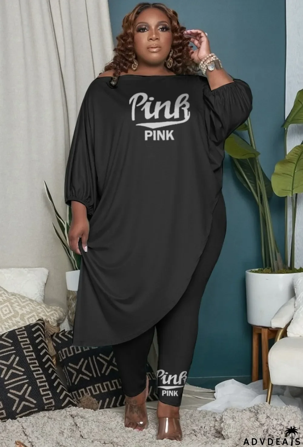 Autumn Plus Size Black Half Sleeve Loose Irregular Top and Matching Pants Set