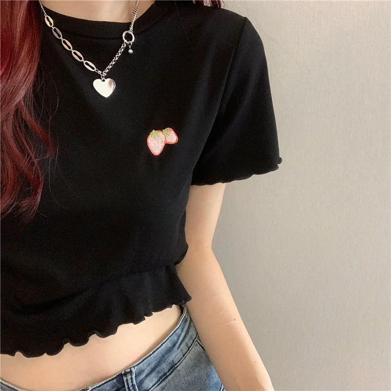 Brownm Brownm Hot Girl Crop Short Style Student Jacket 2024 Summer New Short Sleeve Embroidery Wooden Ear Slim T-Shirt Female Tide