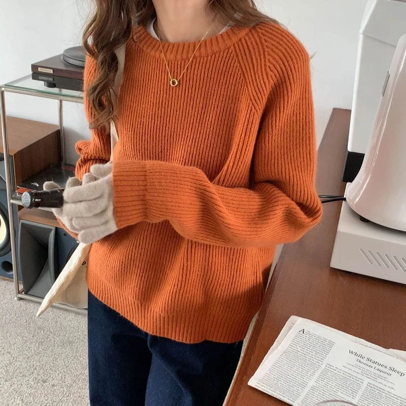 Aesthetic Round-Neck Plain Long-Sleeve Knit Top YP848