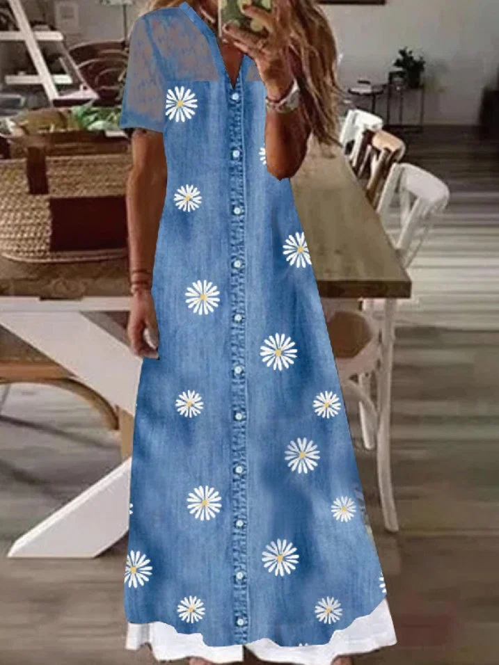 Women Short Sleeve V-neck Lace Graphic Stitching Maxi Dress