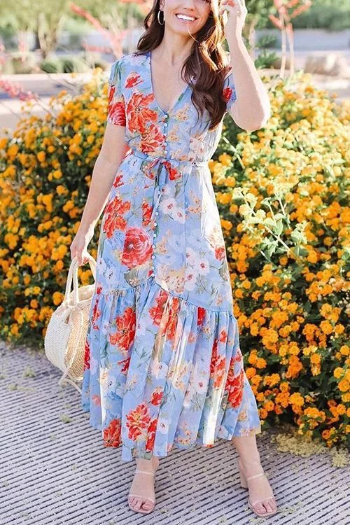 Garden Watercolor Floral Button Dress