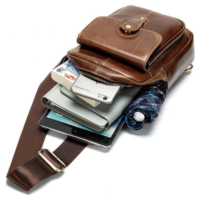Men’s Retro Style Soft Genuine Leather Large Capacity Adjustable Sling Chest Bag