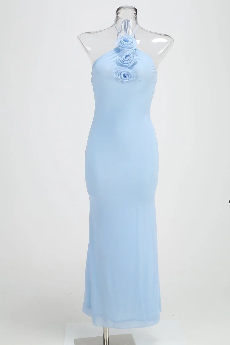 Woherb High-End Women's New Sexy Bare Back Hanging Neck Dress Dress Flower Decorative Temperament Banquet Dress Dress