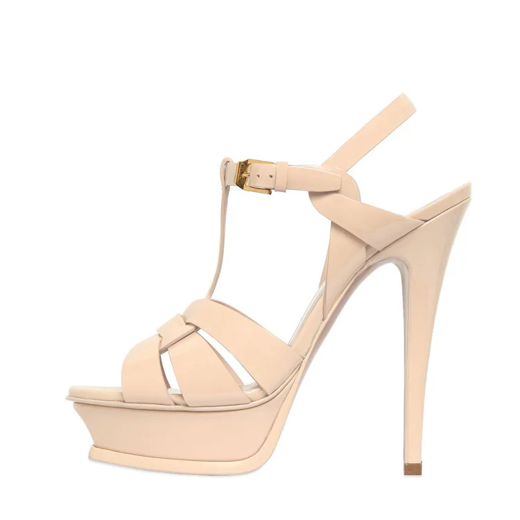 Nude T-strap Peep Toe Platform Sandals with Stiletto Heels Vdcoo