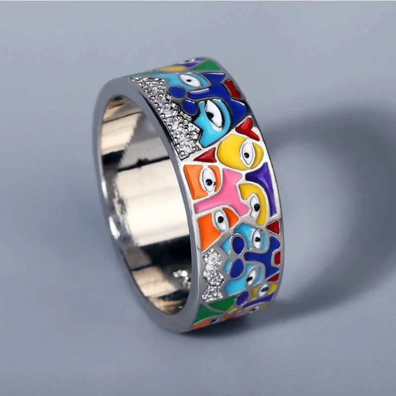 Artistic Colorful Abstract Enamel Face Shapes Thick Band Rings