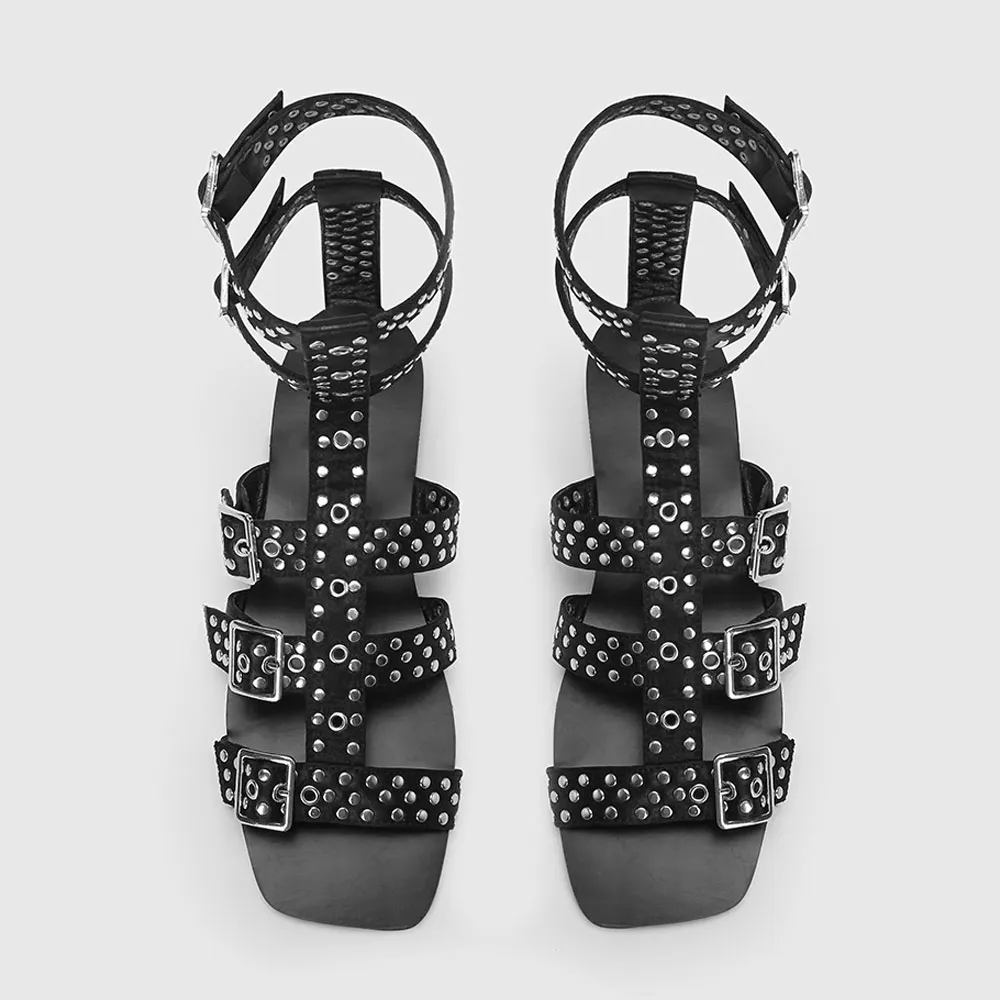 Black Square Toe Flat Strappy Studded Summer Sandals with Buckle