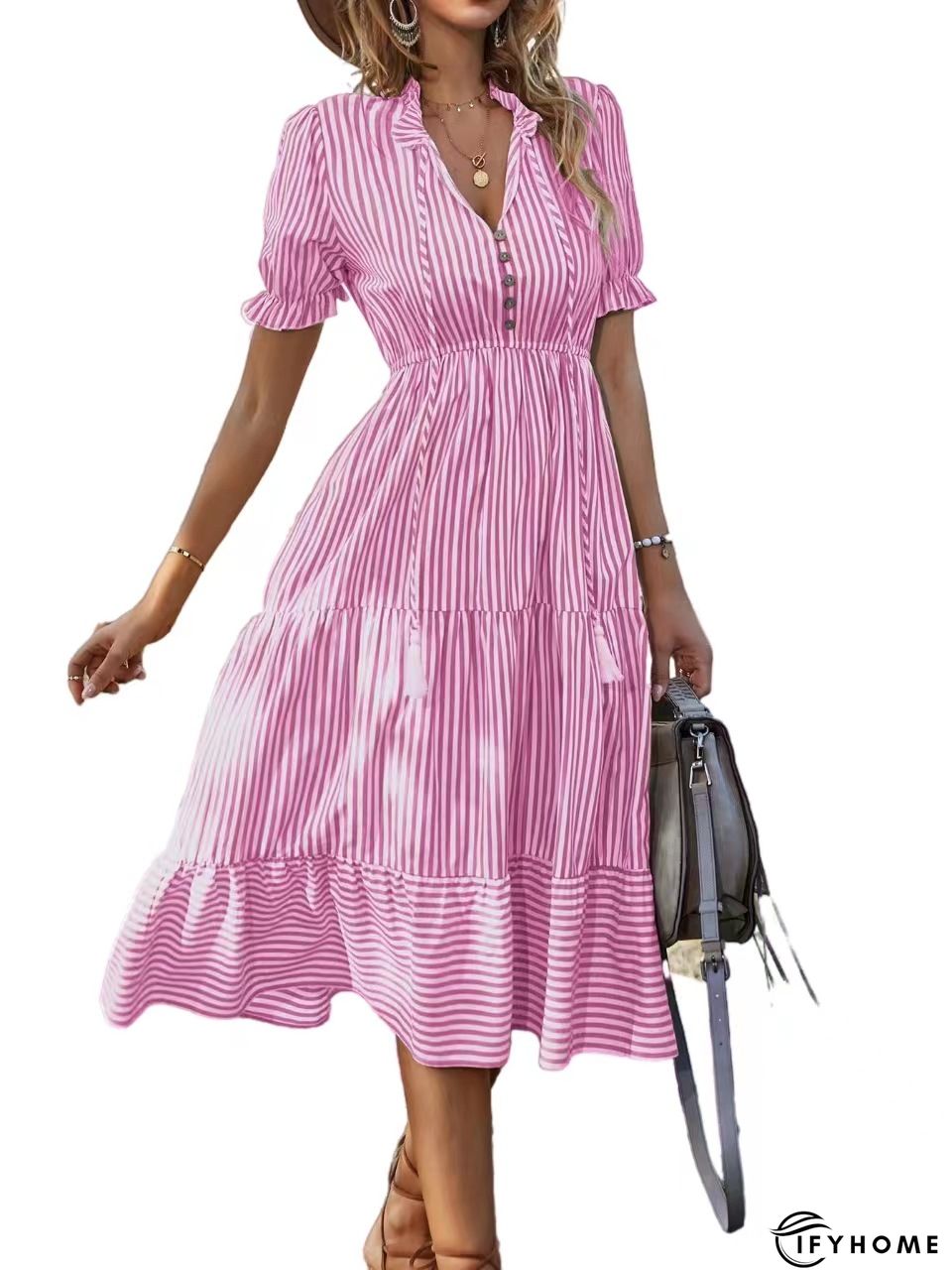 V-Neck Printed Loose Short Sleeve Chic Dress | IFYHOME