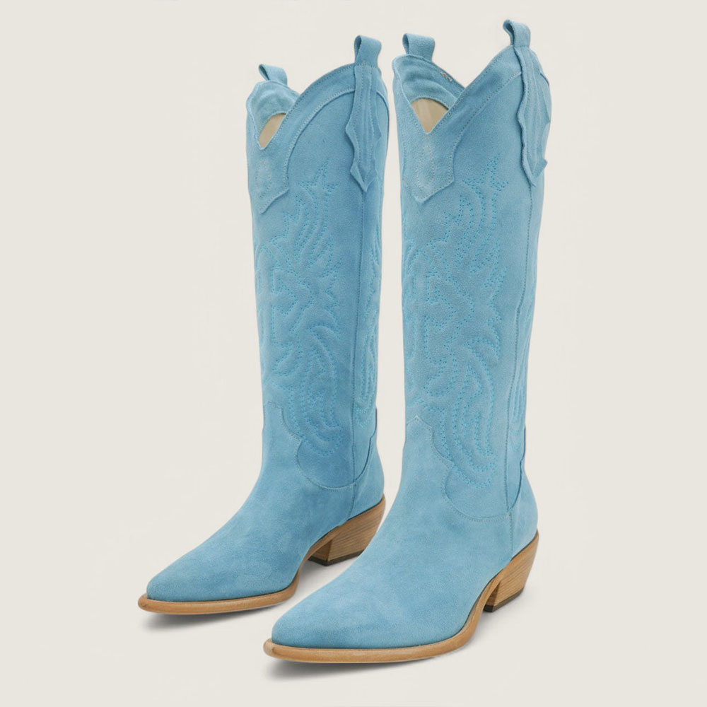 Light Blue Pointed Toe Embroidered Elegant Mid-Calf Cowgirl Boots Nicepairs
