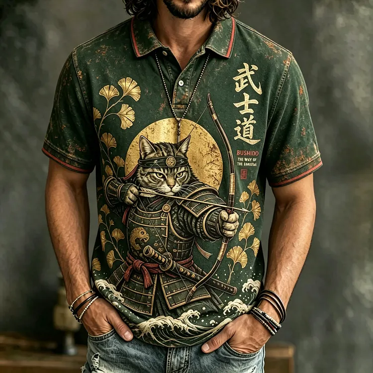Men's Retro Cat Warriors Japanese Art Embroidered Polo Shirts