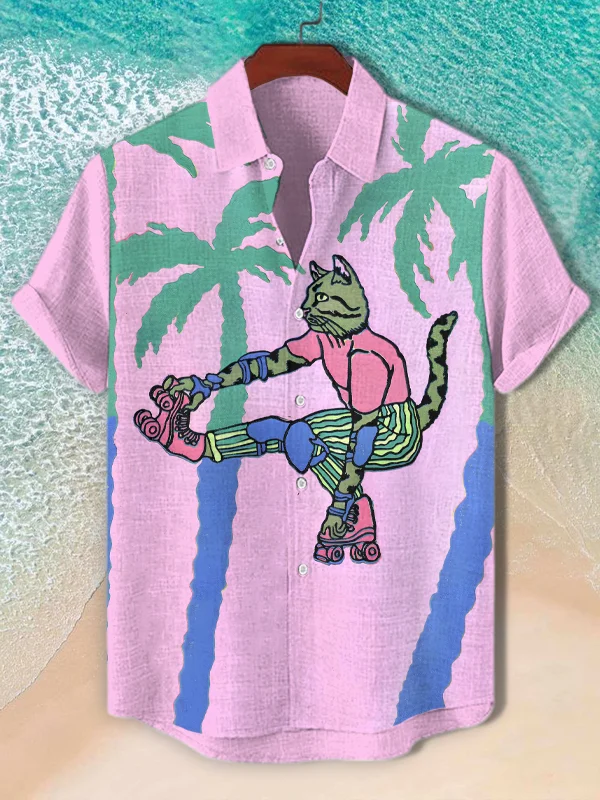 Men's Cat Roller Skating Coconut Tree Vacation Art Print Short Sleeve Shirt