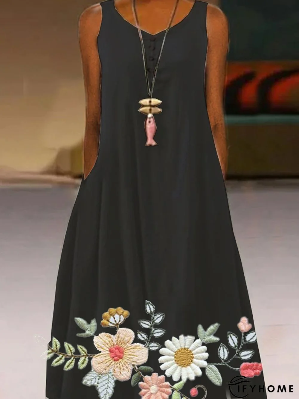 Floral Sleeveless Printed Cotton-blend Crew Neck Vintage Summer Black Dress | IFYHOME