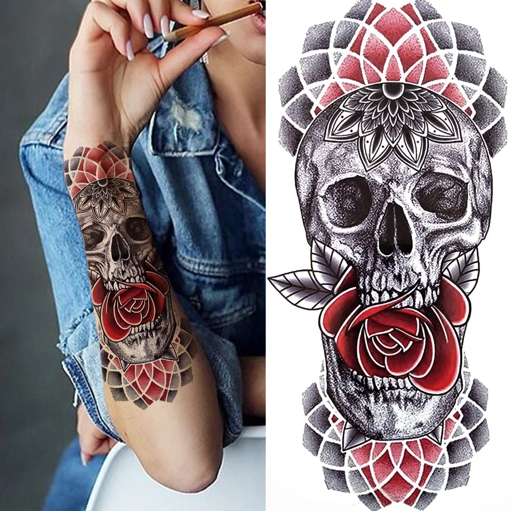 Black Forest Tattoo Sticker For Men Women Children Tiger Wolf Death Skull Temporary Tattoo Fake Henna Skeleton King Animal Tatoo 515