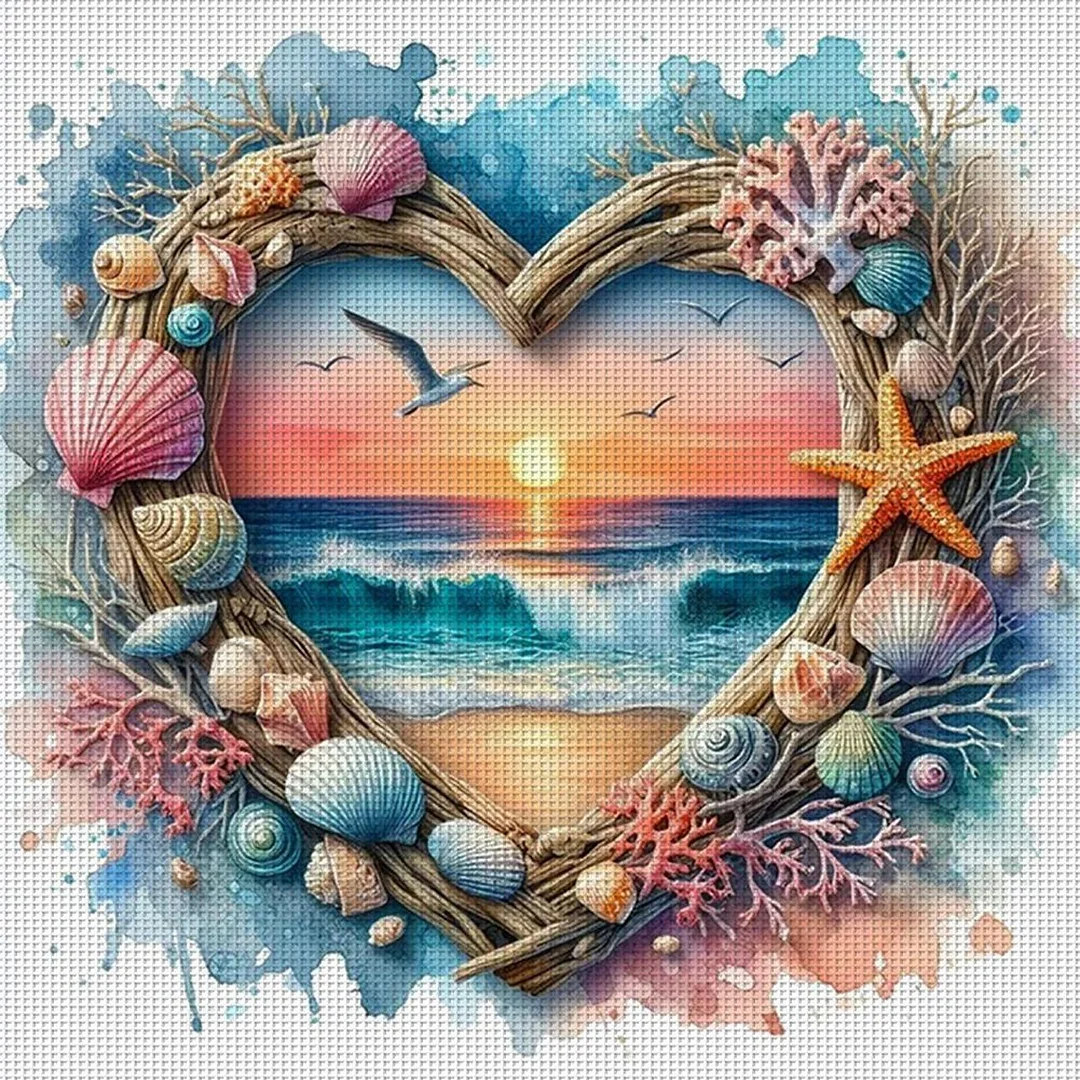 Heart-Shaped Beach Shells Full 14CT 2 Strands DIY Counted Embroidery Needlepoint Starter Kits Cross Stitch Patterns Arts Craft Kits for Beginners Adults Home Decor