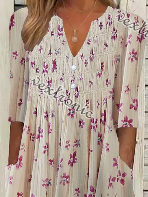 Women's Short Sleeve V-neck Pink Floral Printed Midi Dress