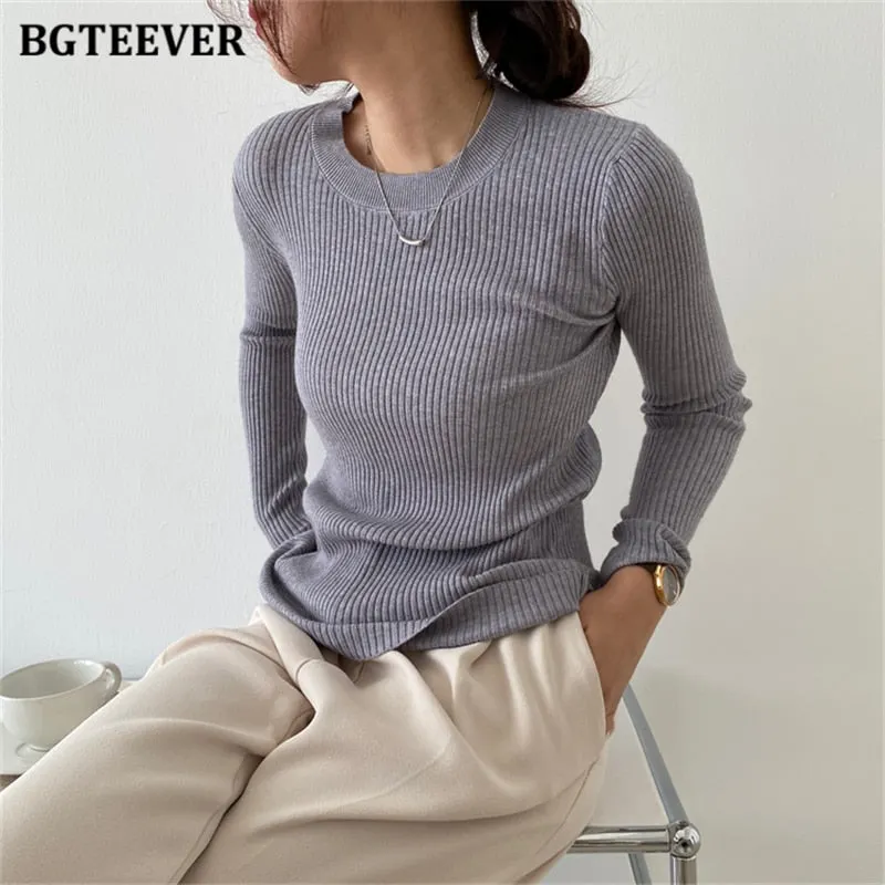 BGTEEVER Fashion New Autumn O-neck Slim Women Sweater 2021 Full Sleeve Stretched Casual Knitwear Skinny Female Knitting Tops