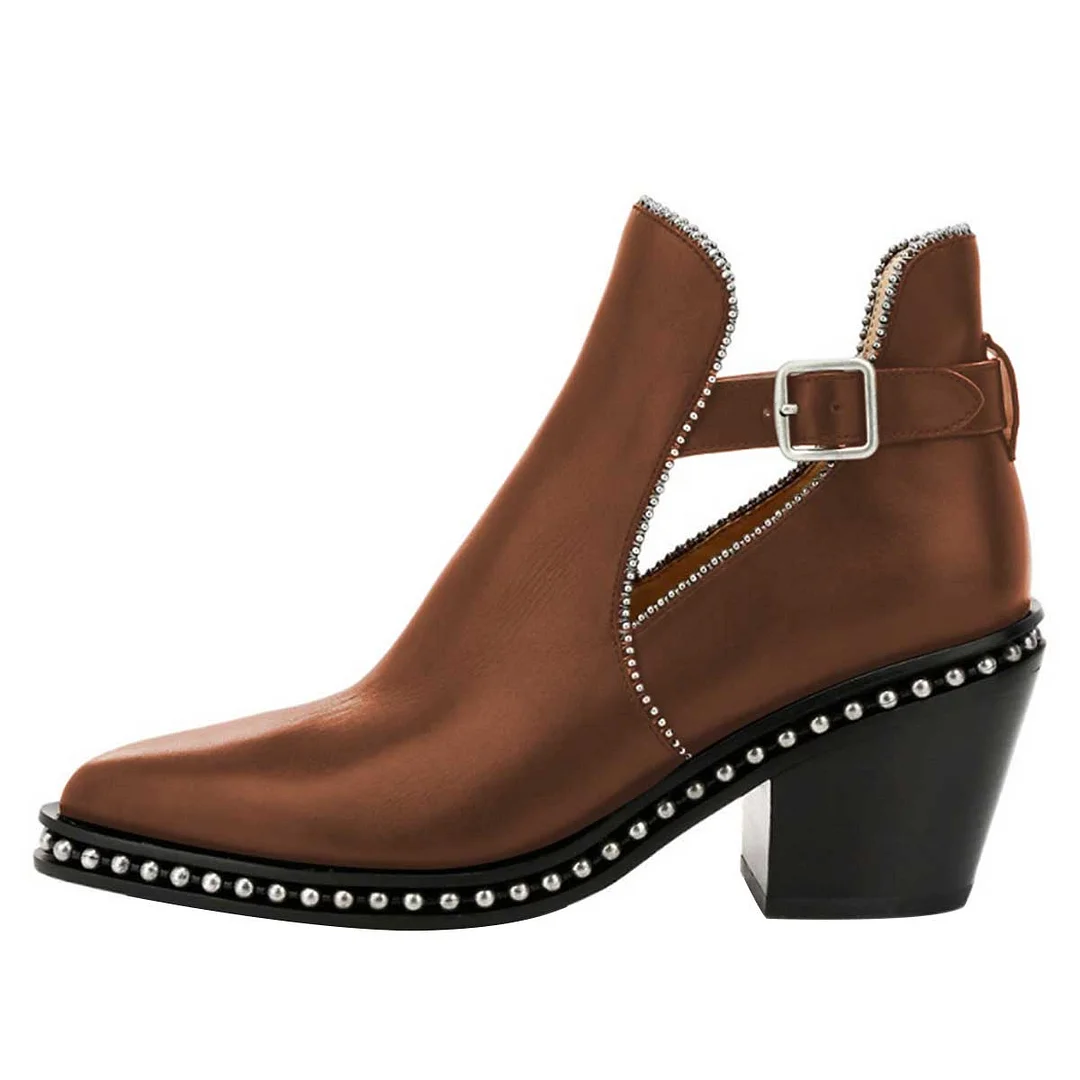 Women's Studded Chunky Heel Ankle Strap Pointed Toe Brown Ankle Boots