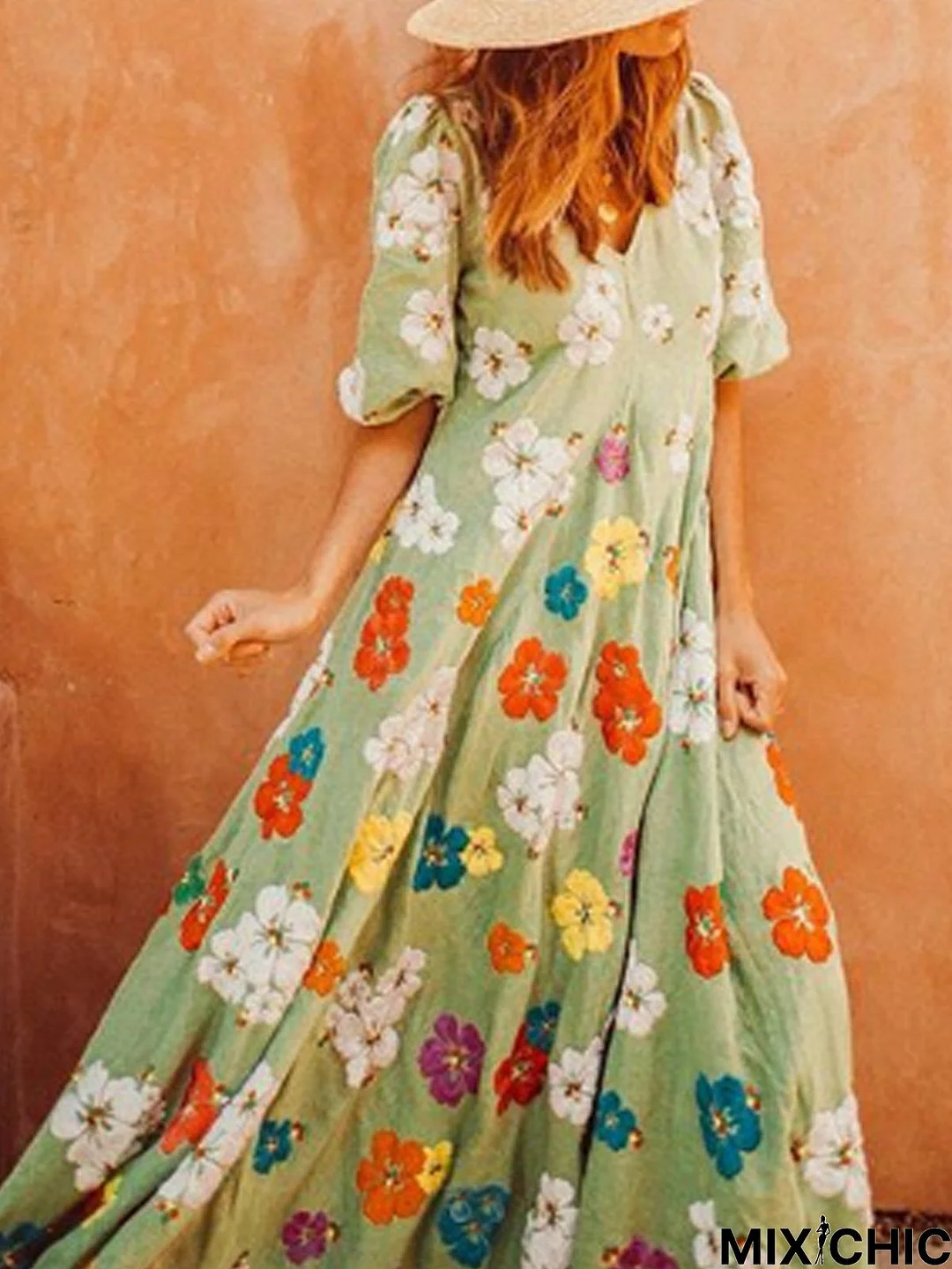 Lightgreen V Neck Printed Boho Patchwork Weaving Dress