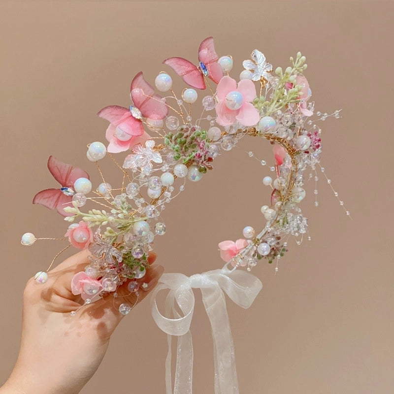 Super Fairy Beauty Children’s Headwear Beautiful Wreath Head Flower Children’s Hair Accessories Mori Girls’ Performance Host Holiday Wristlet Hair Hoop