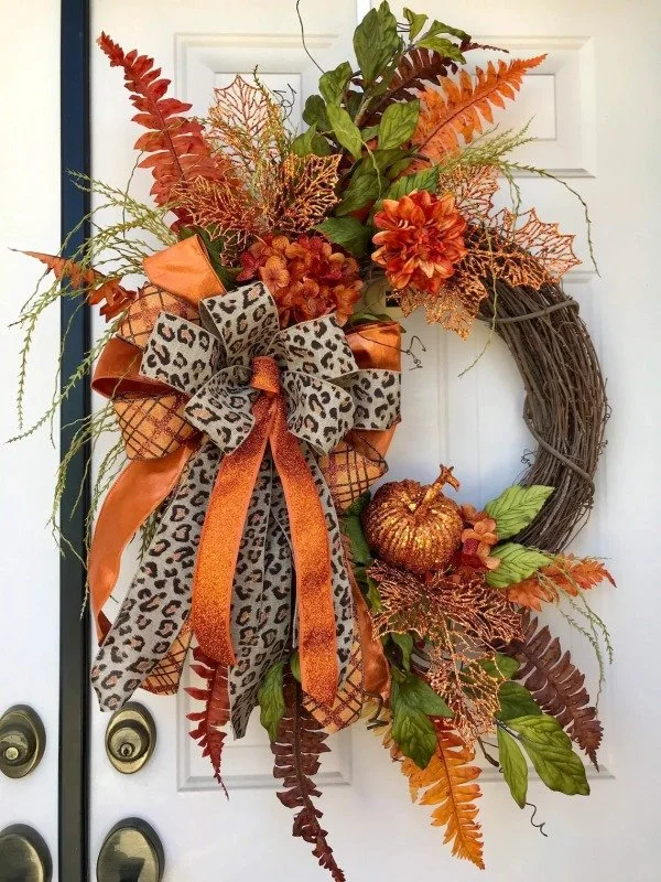 Fall Cheetah Glam Gold Pumpkin Grapevine Wreath Autumn Wreath | AvasHome