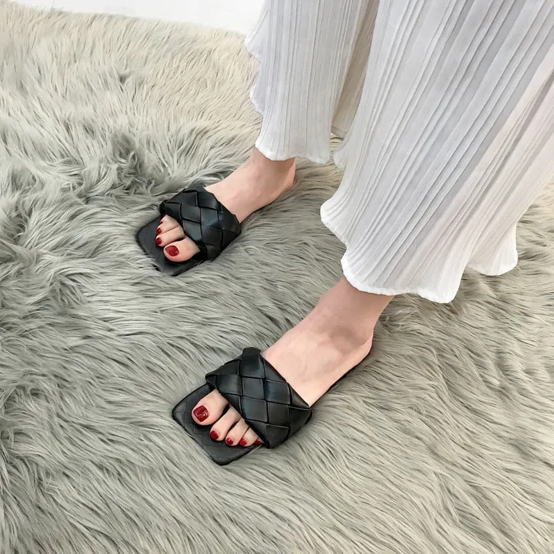 Lucyever 2021 New Fashion Weaving Summer Slippers Women Casual Open Toe Flat Sandals Woman Comfortable Beach Slides flip flops