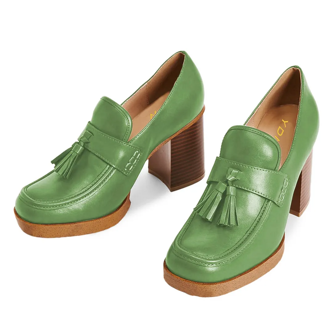 Green Vegan Leather Chunky Heel Square Toe Tassels Women's Loafers