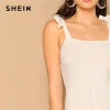 SHEIN Sexy White Self Tie Shoulder Flare Leg Rib-knit Straps Jumpsuit Low Waist Skinny Summer Women Solid Slim Elegant Jumpsuits