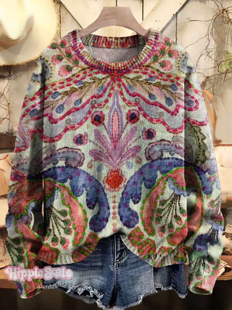 Women’s Vintage Floral Art Print Knit Pullover Sweater Multicolor / S